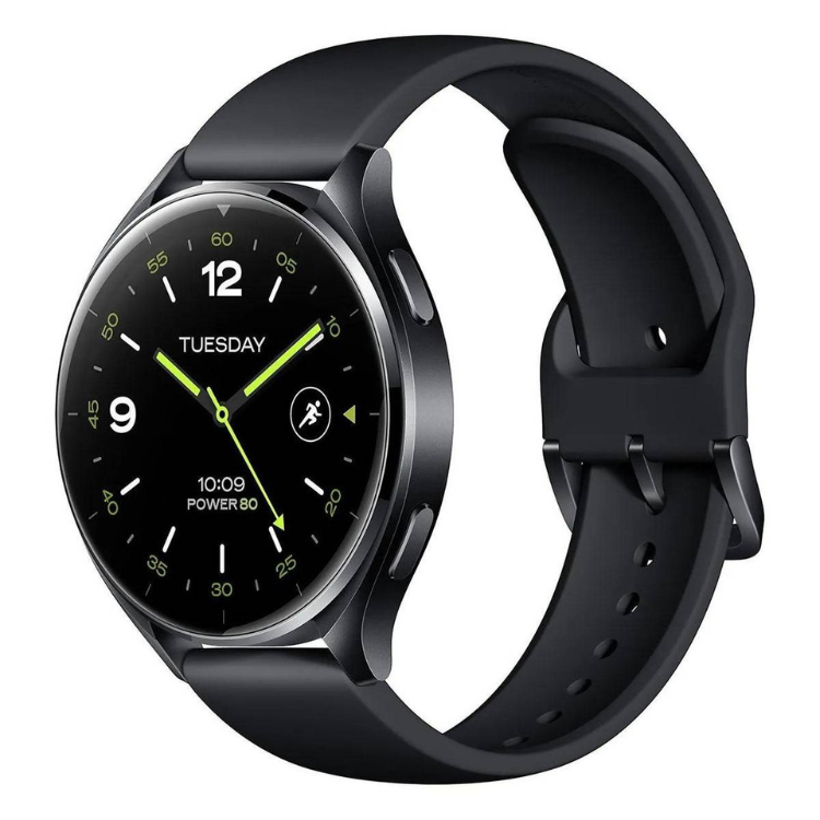 Smartwatch Xiaomi Watch 2 preto com pulseira preta e ecrã preto com mostrador digital.
