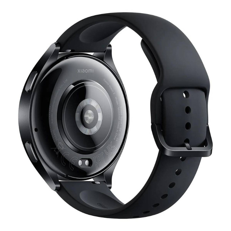 Smartwatch Xiaomi Watch 2 preto com pulseira de borracha e fundo exposto com logotipo Xiaomi.