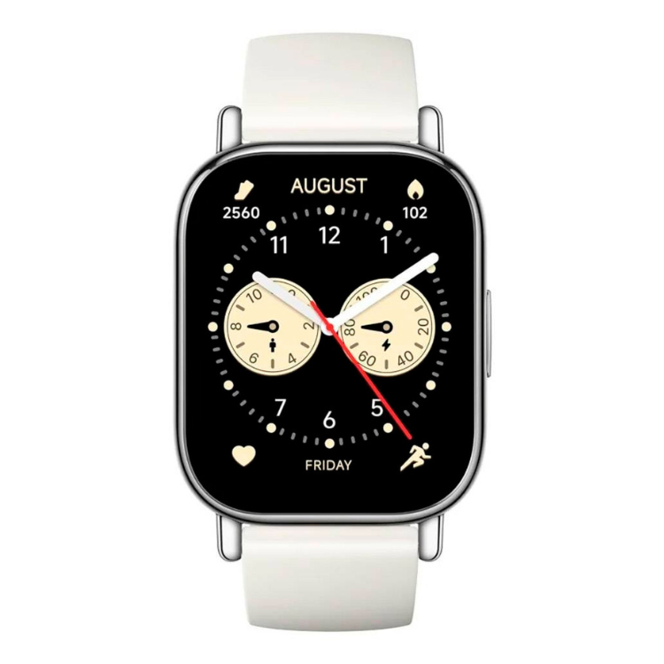 Smartwatch Xiaomi Redmi Watch 5 Lite dourado com pulseira branca e ecrã preto, mostrando um mostrador de relógio.