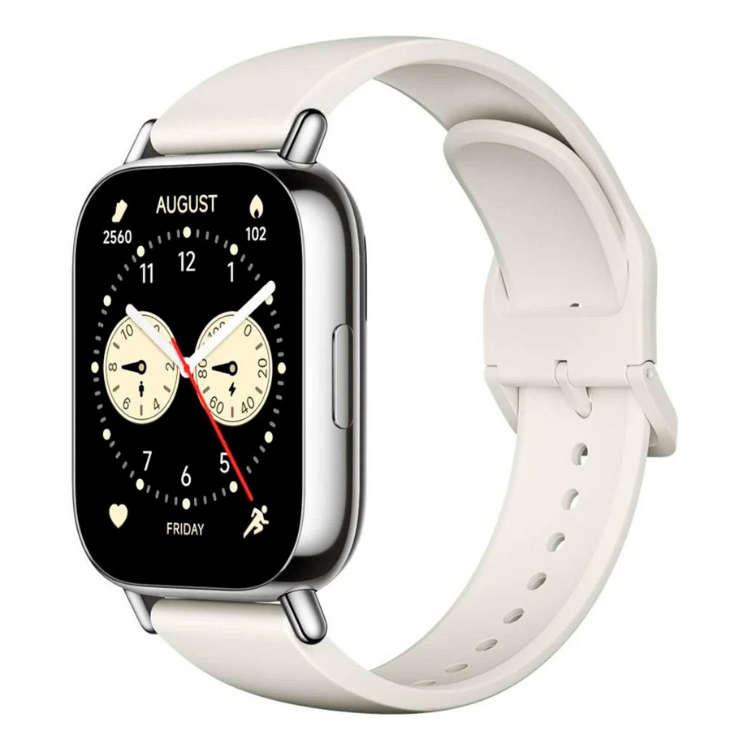 Smartwatch Xiaomi Redmi Watch 5 Lite branco com pulseira branca e mostrador preto, ponteiros bege e vermelho.