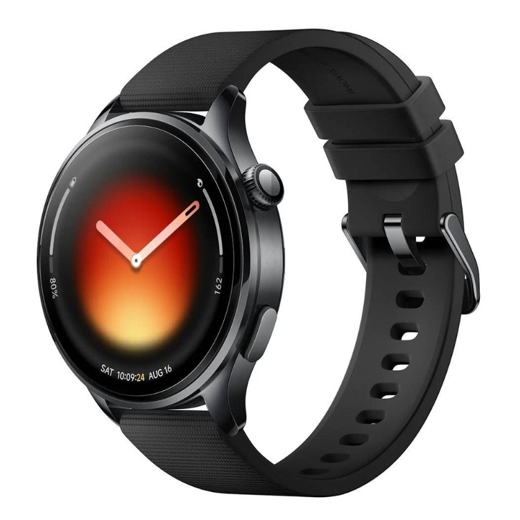 Smartwatch Xiaomi Watch 5 preto com pulseira de borracha e ecrã colorido a mostrar o relógio.