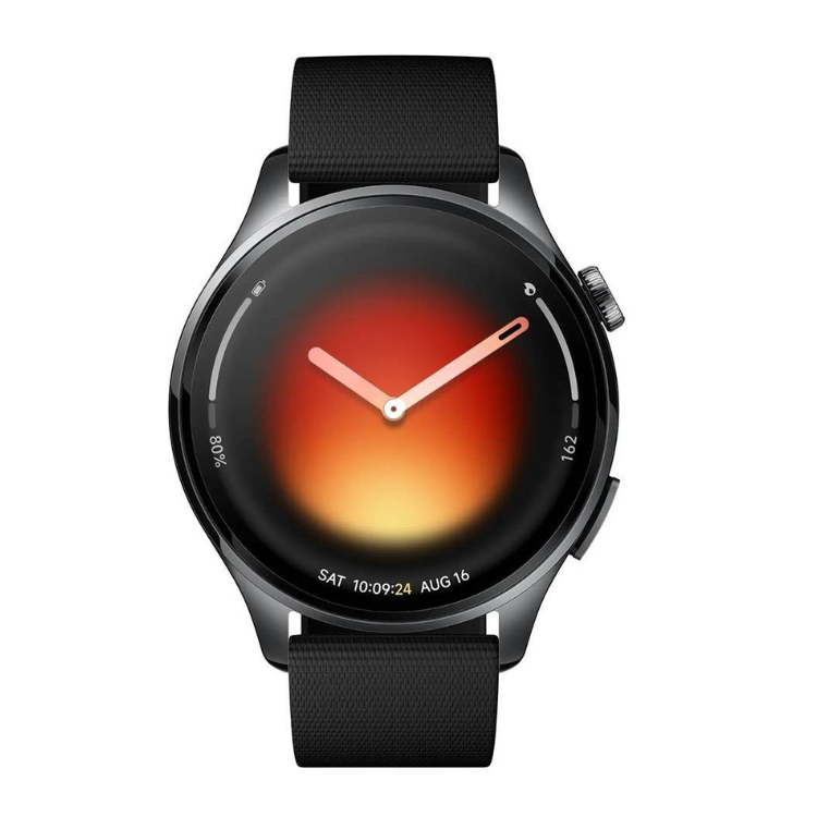 Smartwatch Xiaomi Watch 5 preto com pulseira preta e mostrador com fundo vermelho e laranja.
