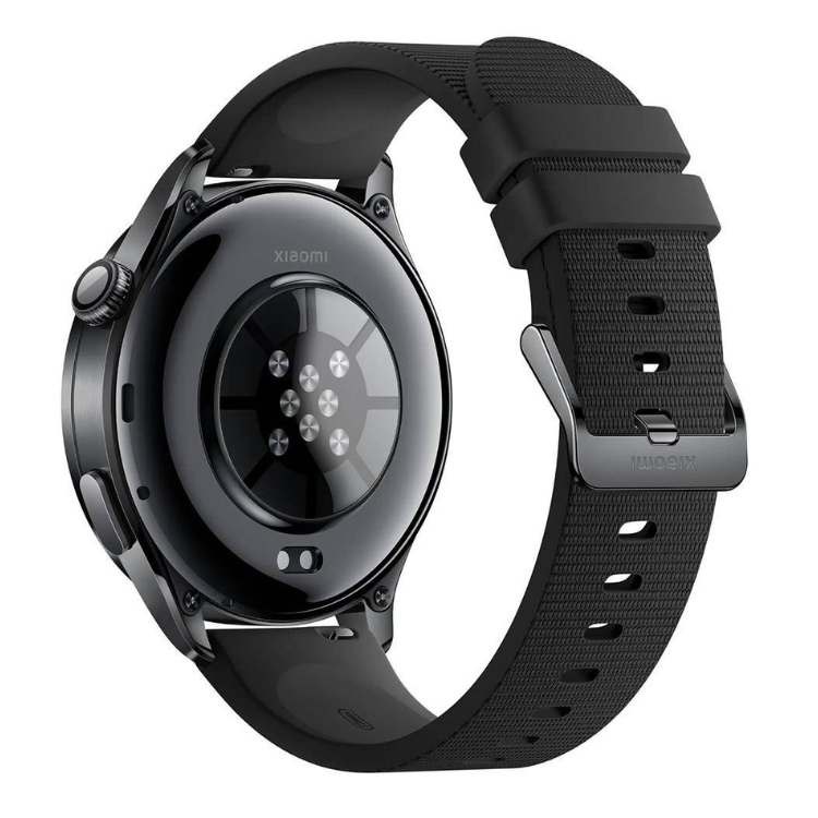 Smartwatch Xiaomi Watch 5 preto com pulseira de borracha e ecrã circular.