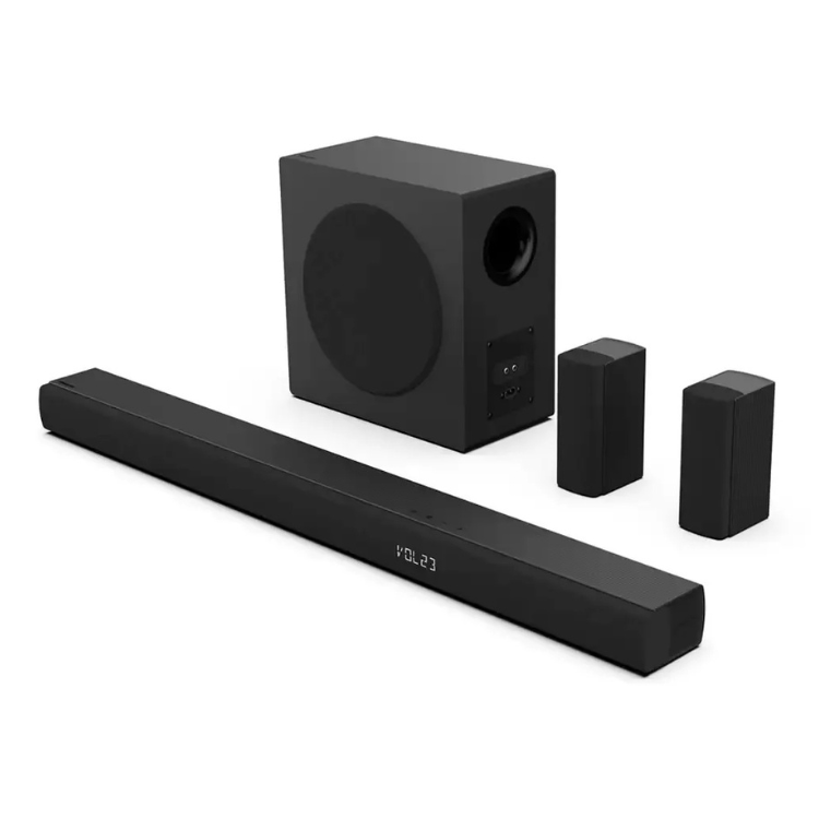 Hisense AX5100Q 5.1 channel soundbar system with subwoofer and speakers, black.