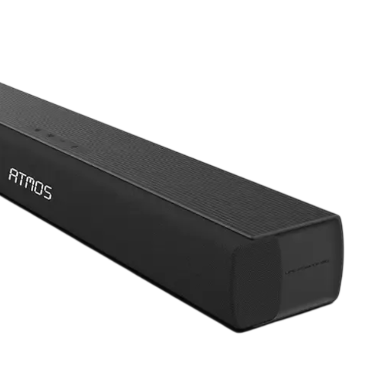 Black Hisense soundbar with white logo, angled view.