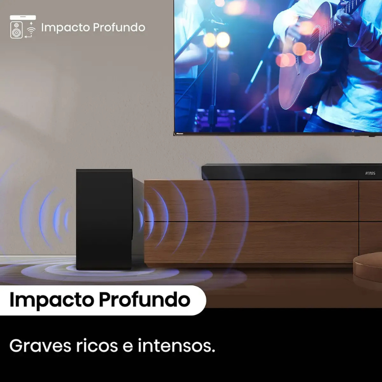 Black soundbar on wooden TV stand with subwoofer, Hisense branding implied.