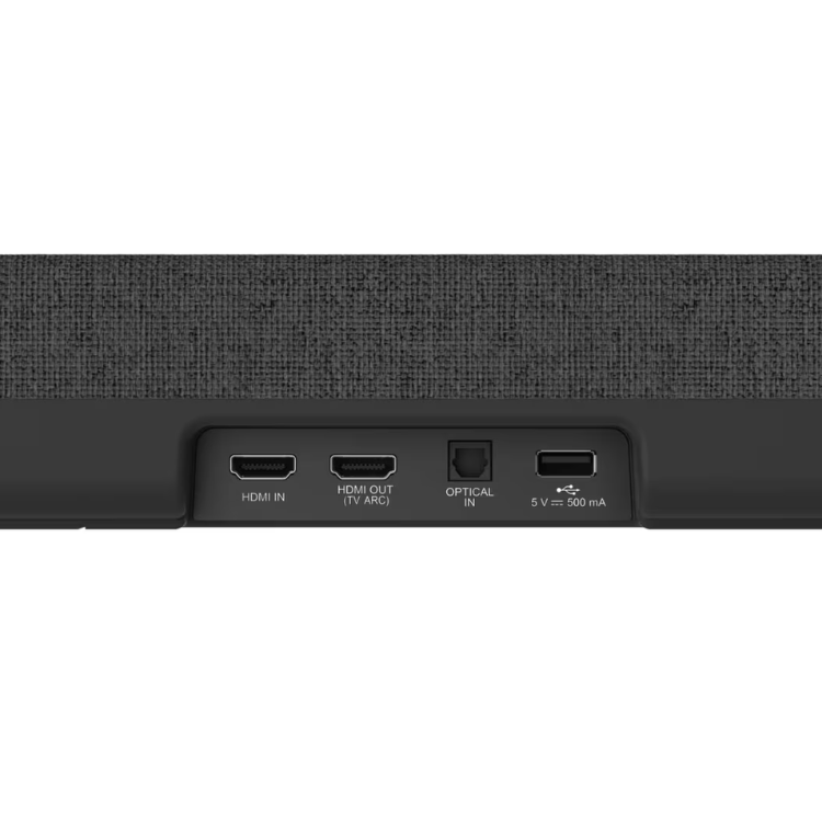 LG SP2 soundbar, black, rear panel with ports: HDMI IN, HDMI OUT, OPTICAL IN, USB.