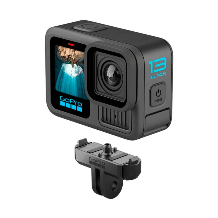 Black GoPro H13 camera with magnetic mount, screen displays ocean scene.