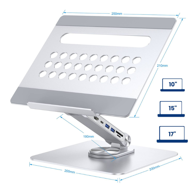 Silver laptop stand with 360-degree rotation, USB ports, and ventilation holes, for 10-17 inch laptops.