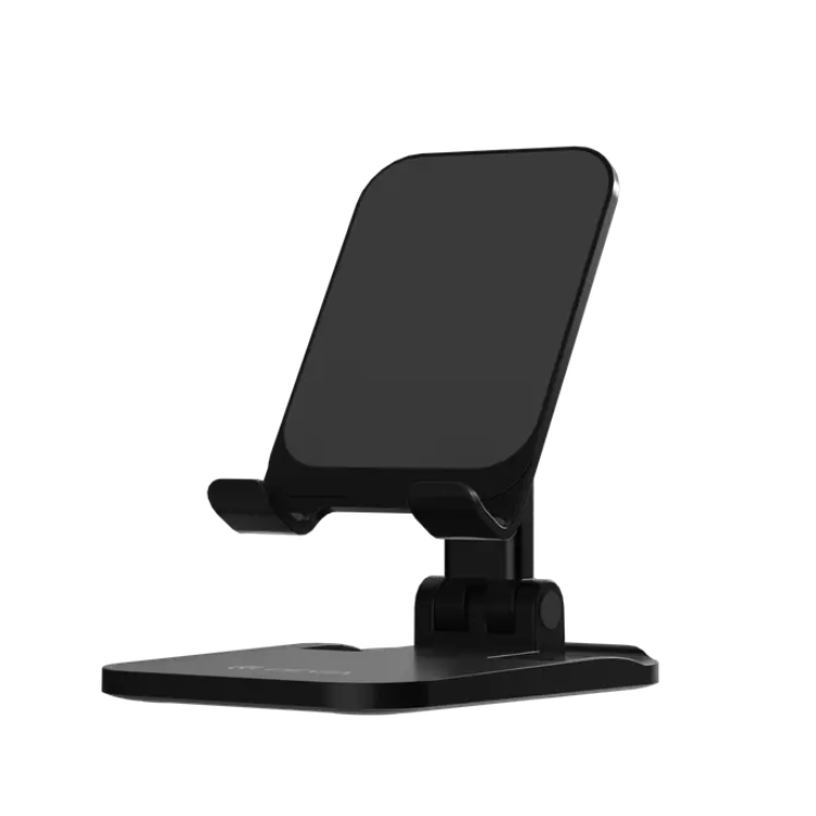 Suporte de secretária para smartphone preto, ajustável, com base larga e suporte inclinado para telemóvel.