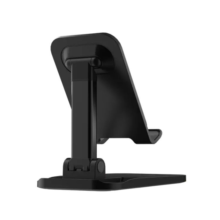 Suporte de secretária para smartphone preto, ajustável, com base larga e braço articulado.