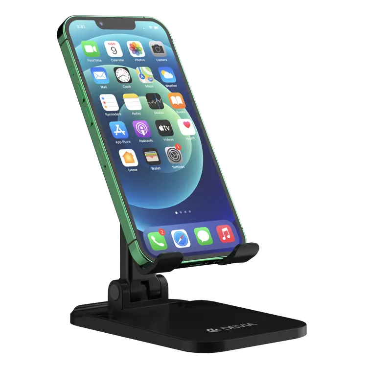 Suporte de secretária para smartphone Devia preto com um iPhone verde inclinado.