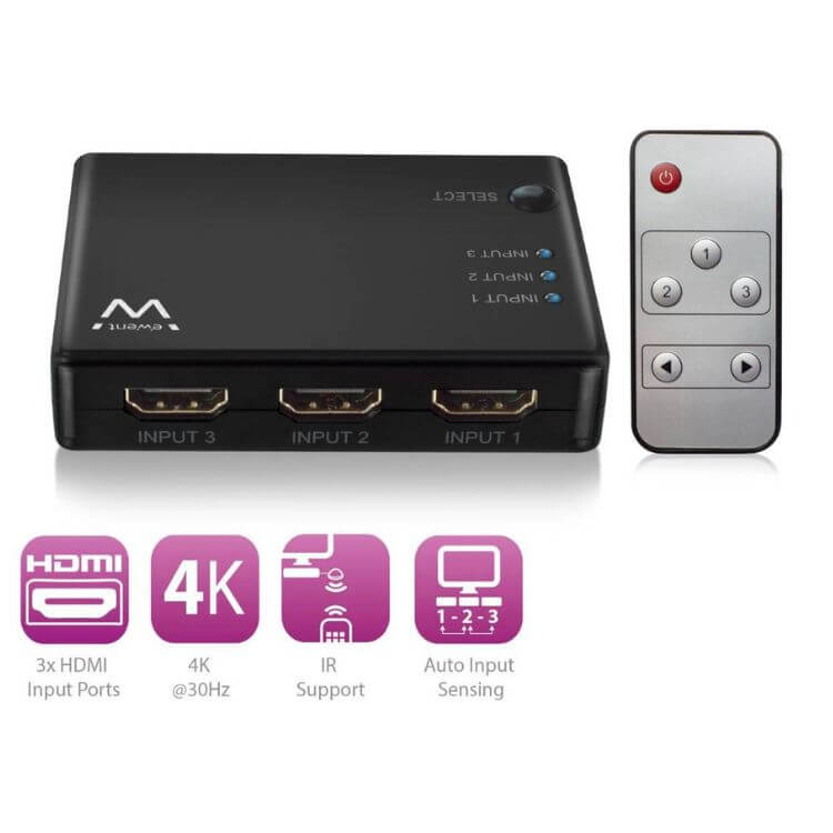 Switch Ewent EW3730 HDMI 3 Entradas/1 Saída 4K 30Hz USB c/ Comando