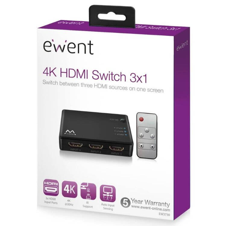 Switch Ewent EW3730 HDMI 3 Entradas/1 Saída 4K 30Hz USB c/ Comando