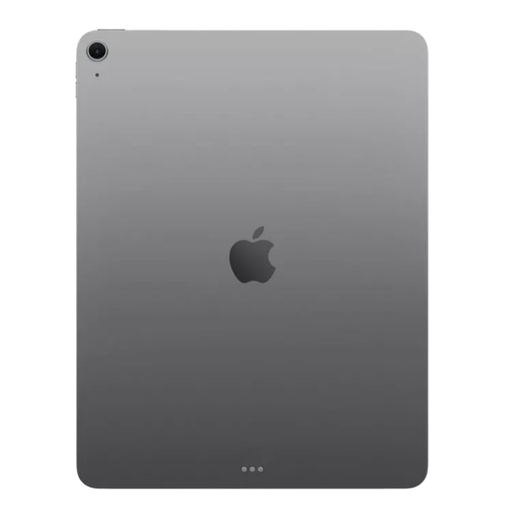 Tablet Apple iPad Air 2025 cinzento espacial, 13 polegadas, logotipo Apple no centro, câmera no canto superior esquerdo.