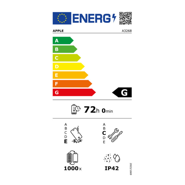 Etiqueta energética do iPad Apple, classificação G, bateria 72 horas, resistência IP42.