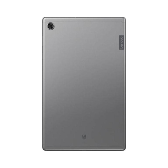 Tablet Lenovo M10 Plus cinzento, vista traseira com câmara e logótipo.
