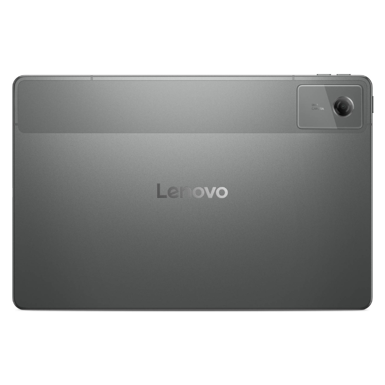 Tablet Lenovo cinzento com logotipo Lenovo e câmara traseira.