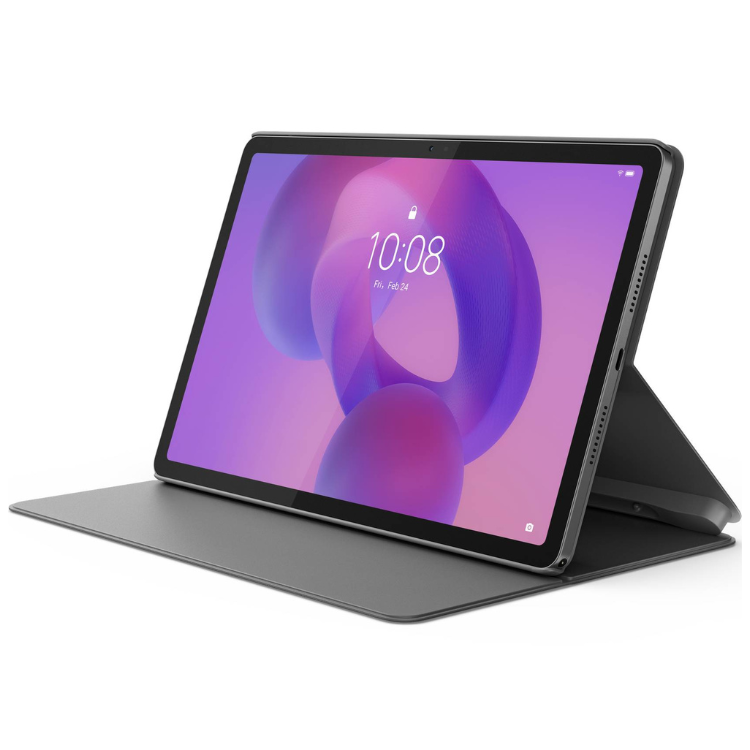 Tablet Lenovo Idea Tab 11 cinzento com capa e caneta stylus.