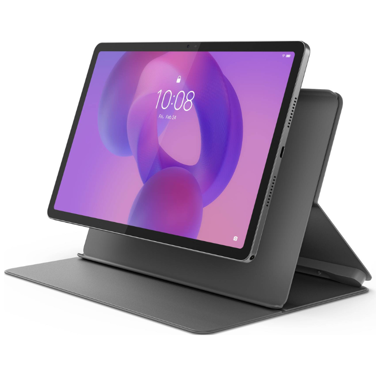 Tablet Lenovo Idea Tab 11 cinzento com capa e caneta, ecrã 11 polegadas, ligado a mostrar o relógio.