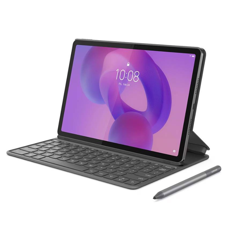 Tablet Lenovo Idea Tab 11 cinzento com teclado e caneta stylus.