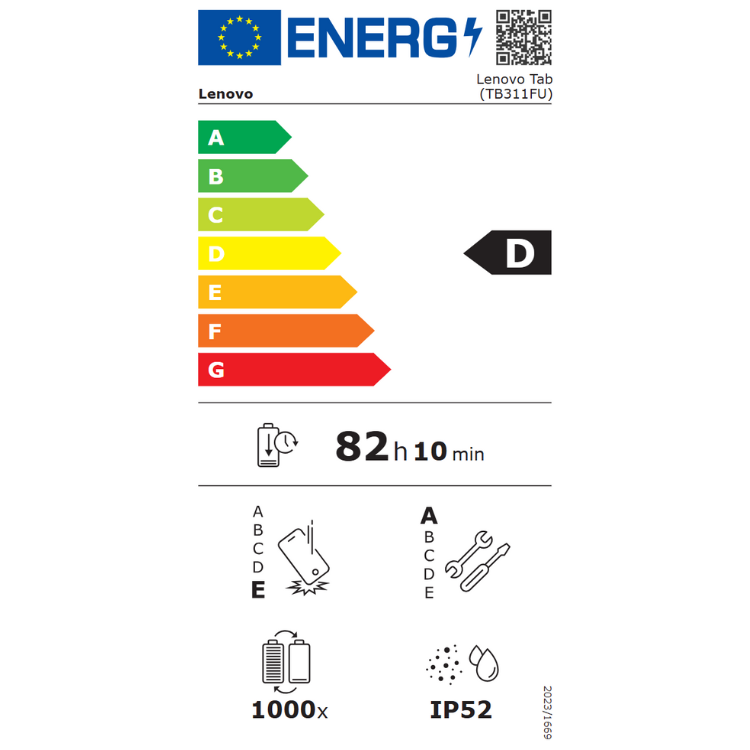 Etiqueta energética do Lenovo Tab TB311FU, eficiência D, bateria 82h 10min.