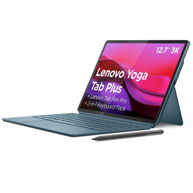 Tablet Lenovo Yoga Tab Plus azul 12.7” 3K com teclado e caneta.