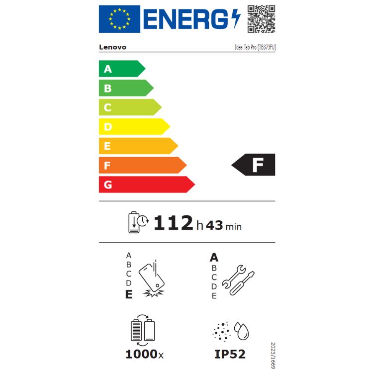 Etiqueta energética do tablet Lenovo Idea Tab Pro TB373FU, eficiência F, 112 horas e 43 minutos de bateria.