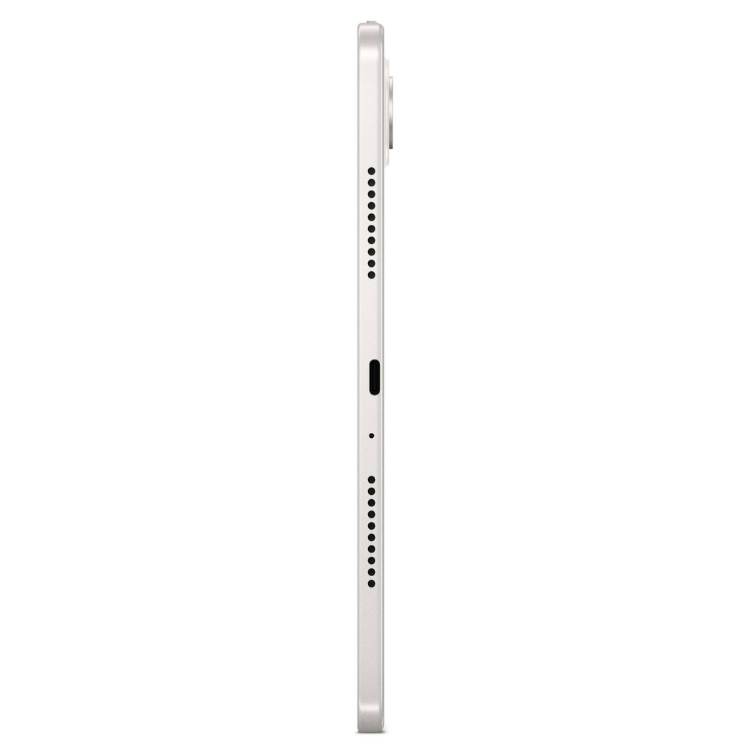 Tablet Lenovo Tab TB710FU branco, lado lateral com furos para som e entrada USB.