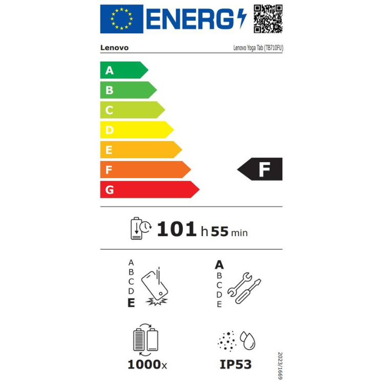 Etiqueta energética do tablet Lenovo, eficiência F, 101h55min, IP53, 1000x.