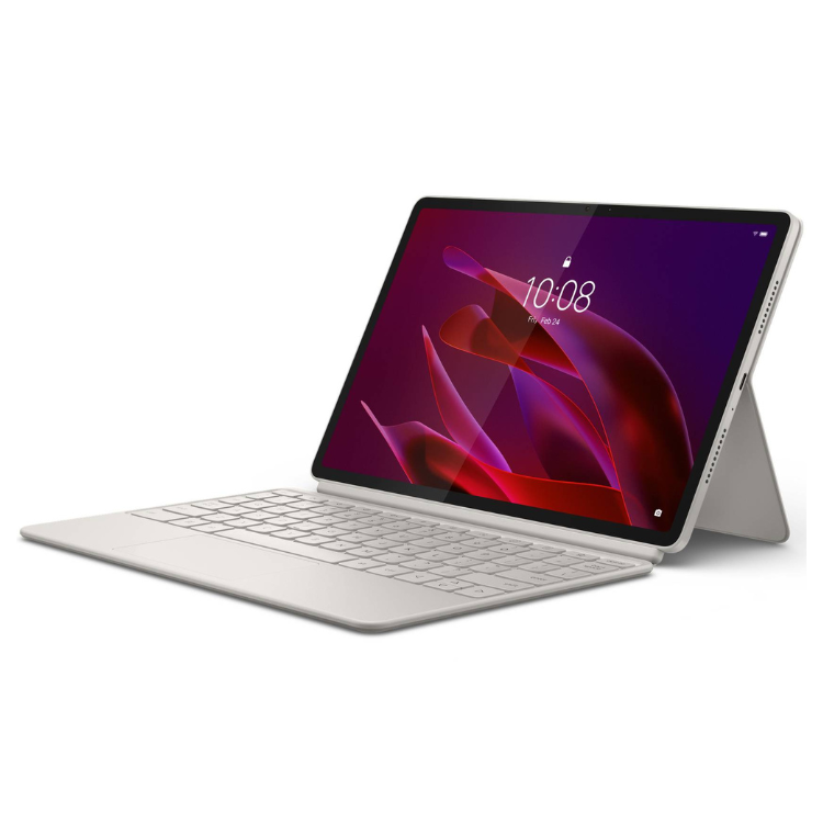 Tablet Lenovo Tab TB710FU branco 11.1 polegadas com teclado e ecrã a mostrar o ecrã de bloqueio.