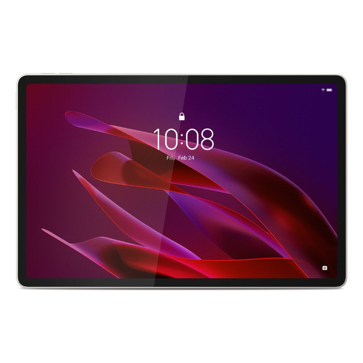 Tablet Lenovo Tab TB710FU 11.1 polegadas 3.2K branco, ecrã tátil com imagem de fundo roxa e vermelha, relógio 10:08.