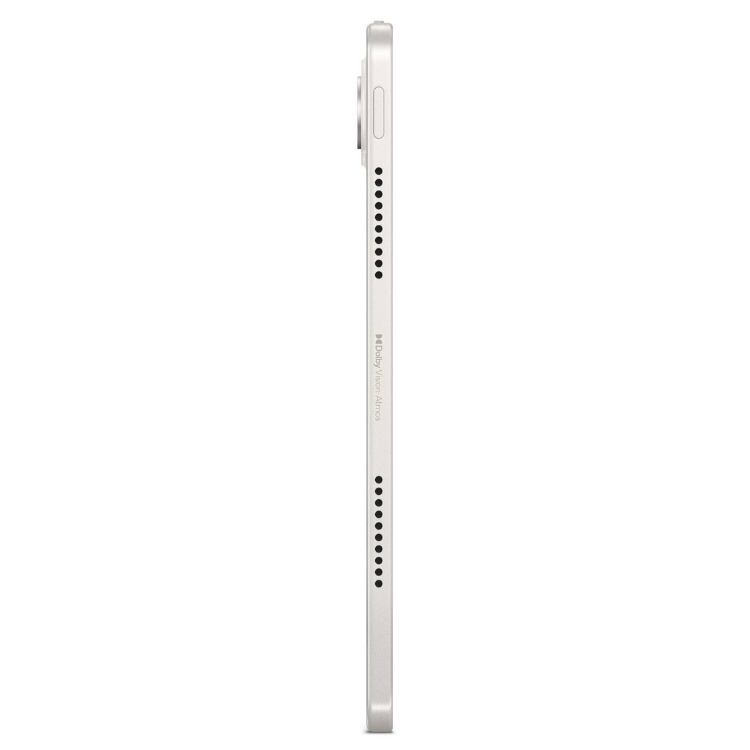 Lenovo Tab TB710FU branco, lado direito com furos para altifalantes e detalhes do produto.