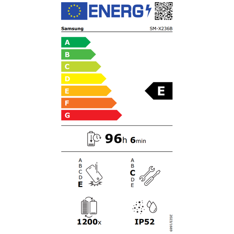 Etiqueta energética do Samsung SM-X236B, eficiência E, 96 horas e 6 minutos de autonomia.