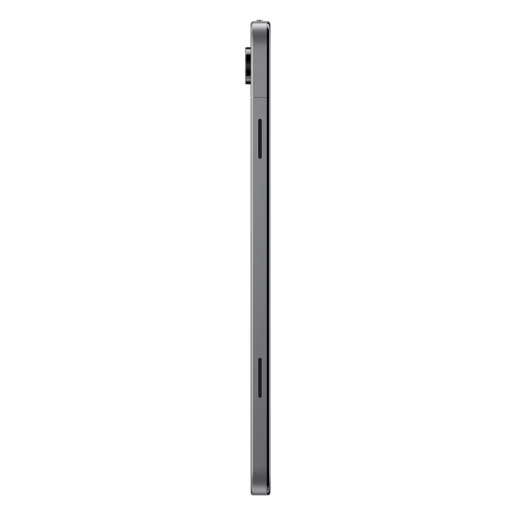 Tablet Samsung Galaxy Tab A11+ cinzento, lado direito com detalhes de botões e entradas.