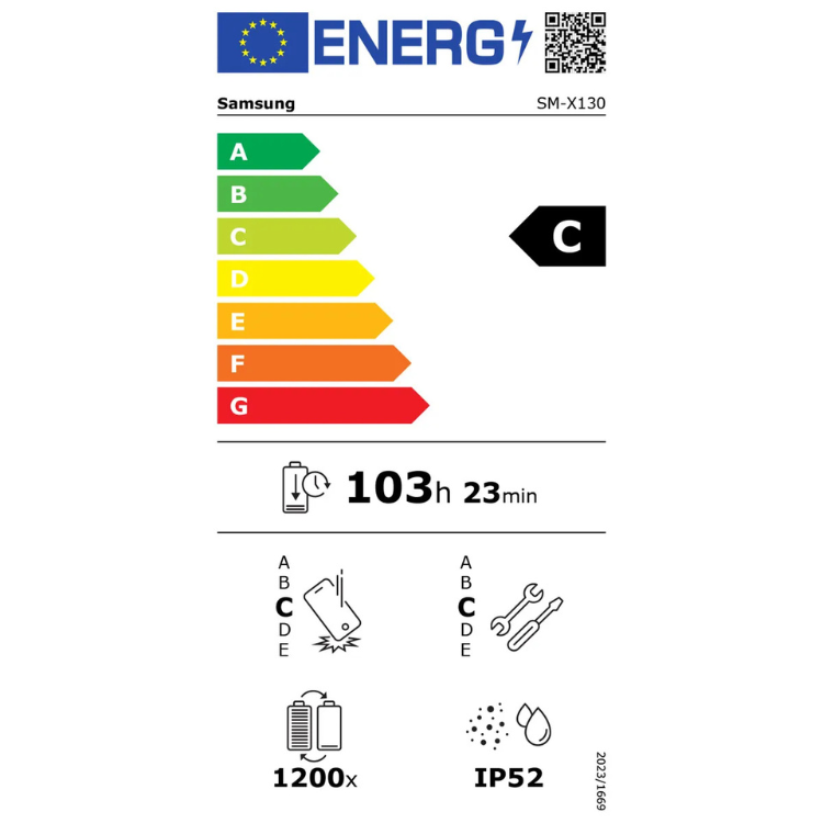 Etiqueta energética do Samsung SM-X130, classificação C, 103 horas e 23 minutos de autonomia.