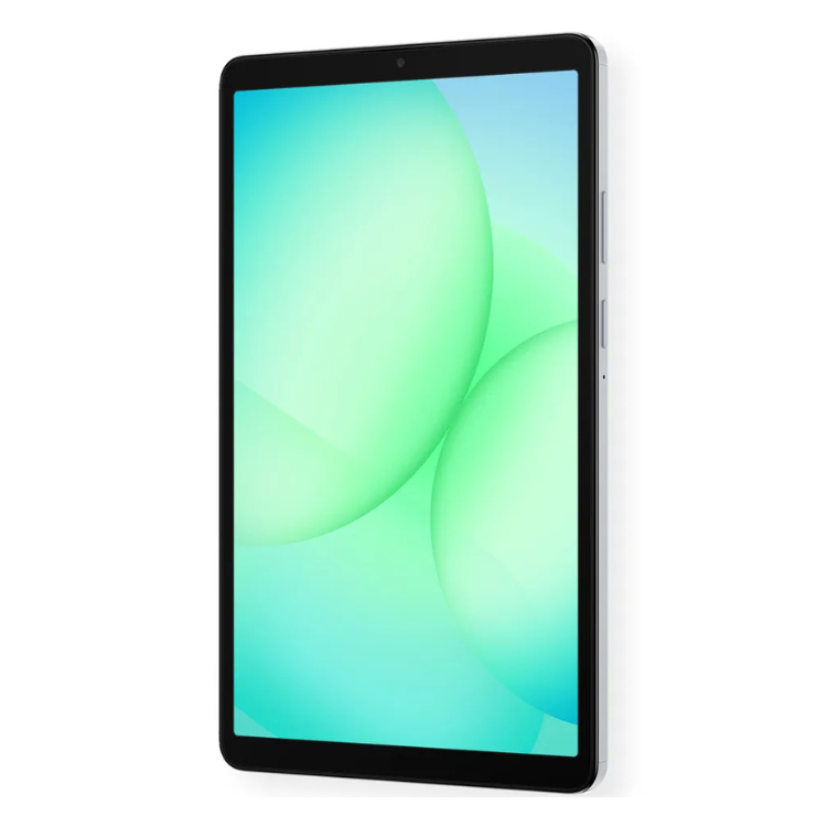 Tablet Samsung Galaxy Tab A11 prata com ecrã a mostrar imagem de bolhas azuis e verdes.