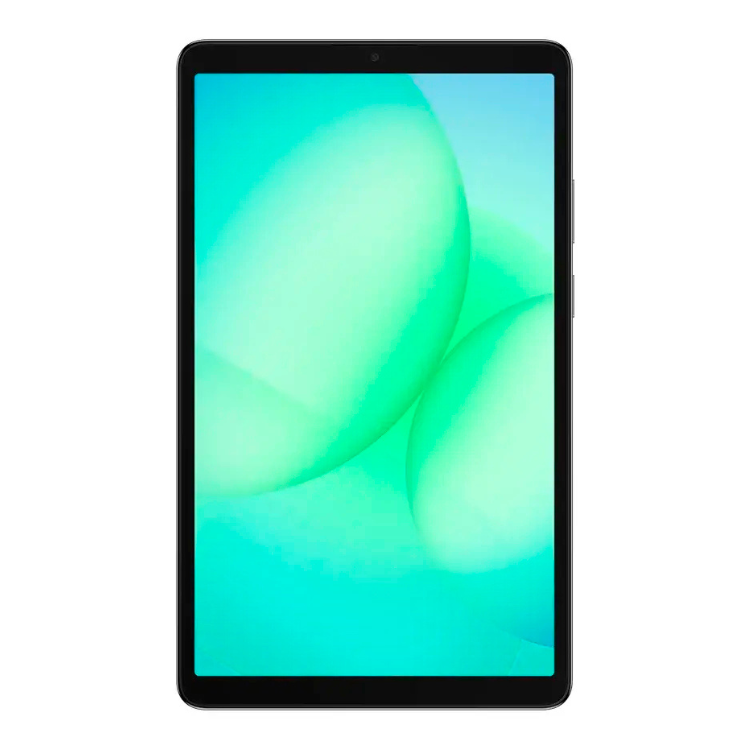 Tablet Samsung Galaxy Tab A11 cinzento com ecrã de tons de verde e azul.