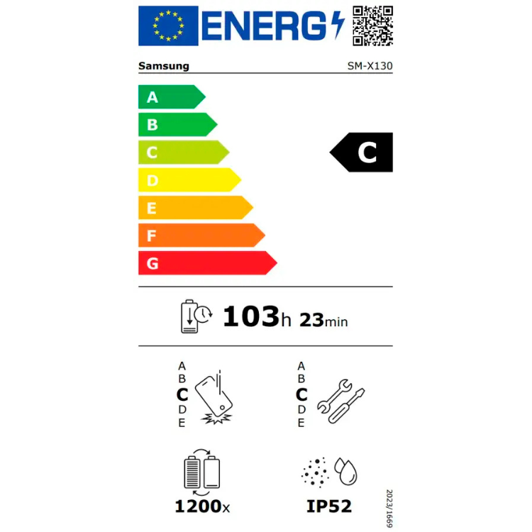 Samsung Galaxy Tab A11, eficiência energética C, bateria 103h 23min, resistência IP52.