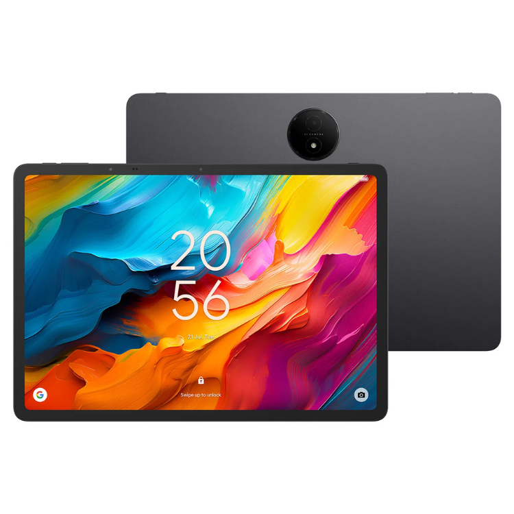 Tablet TCL NXTPAPER 14 cinzento, ecrã colorido com relógio, câmara traseira.