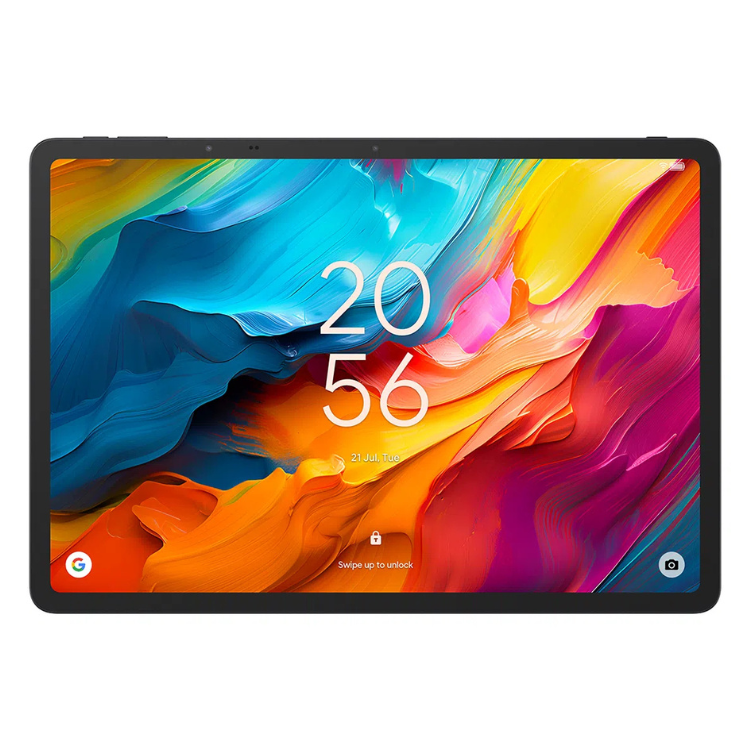 Tablet TCL NXTPAPER 14 cinzento, ecrã colorido com data e hora.