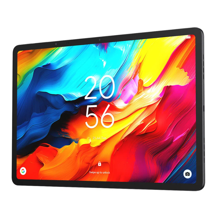 Tablet TCL NXTPAPER 14 cinzento, ecrã colorido com relógio.