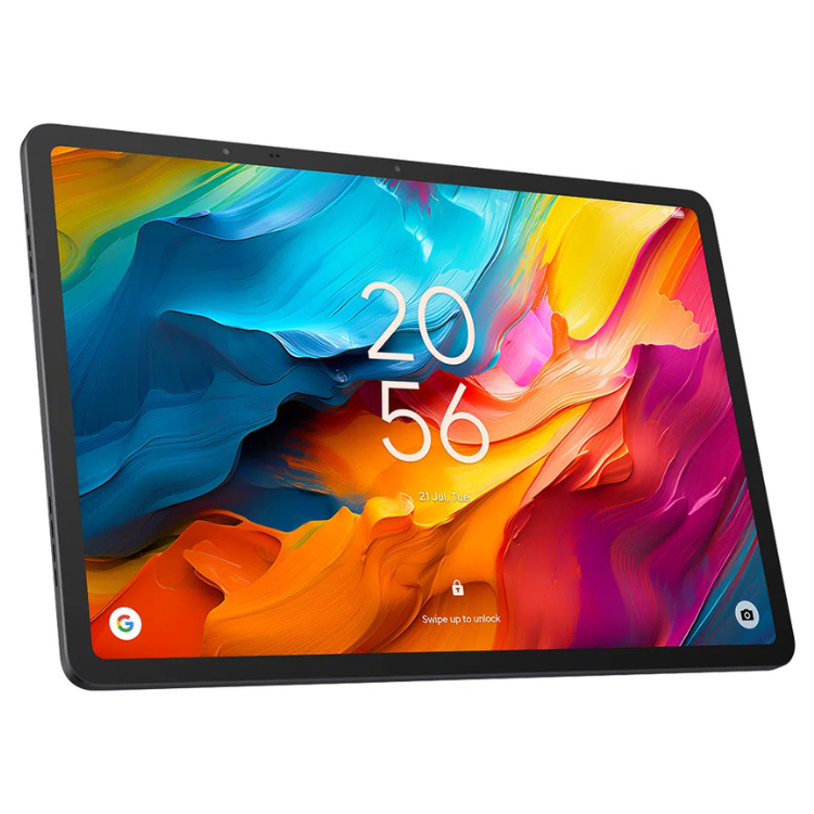 Tablet TCL NXTPAPER 14 cinzento, ecrã colorido com wallpaper dinâmico e data e hora em destaque.