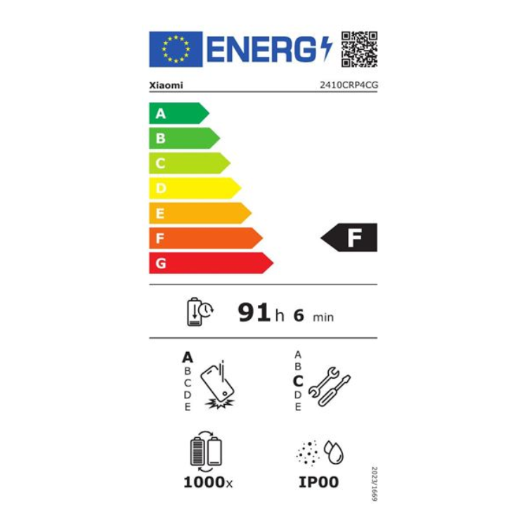 Etiqueta energética do tablet Xiaomi, classificação F, bateria 91h 6min.