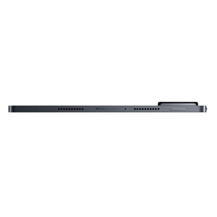 Tablet Xiaomi Pad 8 cinzento, vista lateral, com múltiplos furos para som e uma entrada.