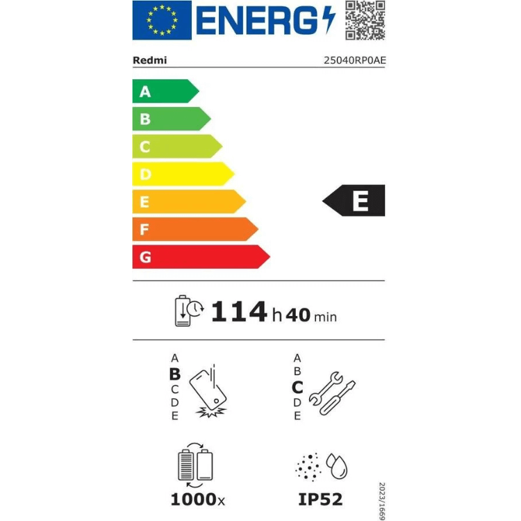Tabela de eficiência energética do tablet Xiaomi Redmi Pad 2, classificação E, bateria 114 horas e 40 minutos.