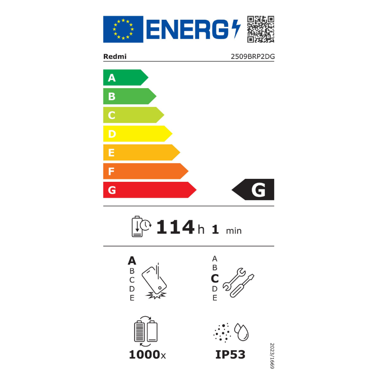 Etiqueta energética do tablet Redmi, eficiência G, 114 horas de bateria.