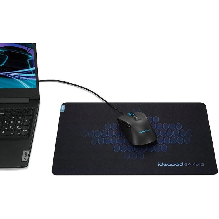 Lenovo IdeaPad gaming mousepad, black with blue hexagons and logo, mouse on top.