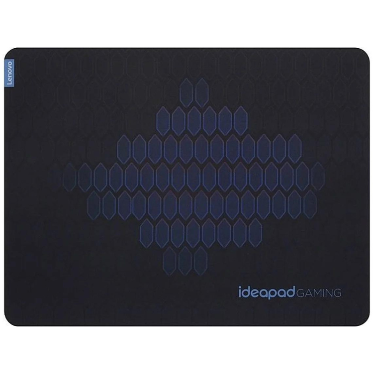 Lenovo IdeaPad gaming mousepad, black with blue hexagonal pattern and logo.