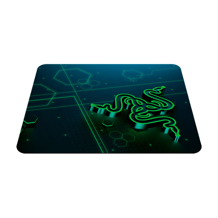 Razer Goliathus Mobile gaming mousepad, dark blue with green Razer logo and circuit design.